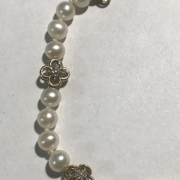 10k Yellow Gold Pearl Bracelet w/ Diamond Accent Links, Filigree Clasp 7 3/8 - Picture 3 of 6